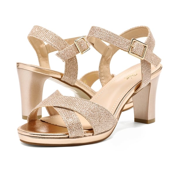 Chunky Heel Ankle Strap Sandals - CHAMPAGNE GLITTER - 3